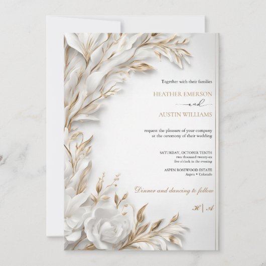 ブーゲンビリーグリーン結婚金ゴールドアールヌーボーミュシャ 招待状 (正面)