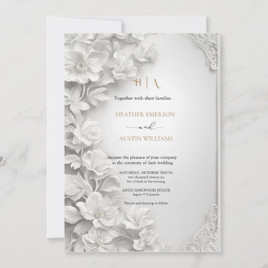 ブーゲンビリーグリーン結婚金ゴールドアールヌーボーミュシャ 招待状 (正面)