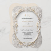 ブーゲンビリーグリーン結婚金ゴールドアールヌーボーミュシャ 招待状 (正面/裏面)