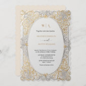 ブーゲンビリーグリーン結婚金ゴールドアールヌーボーミュシャ 招待状 (正面/裏面)