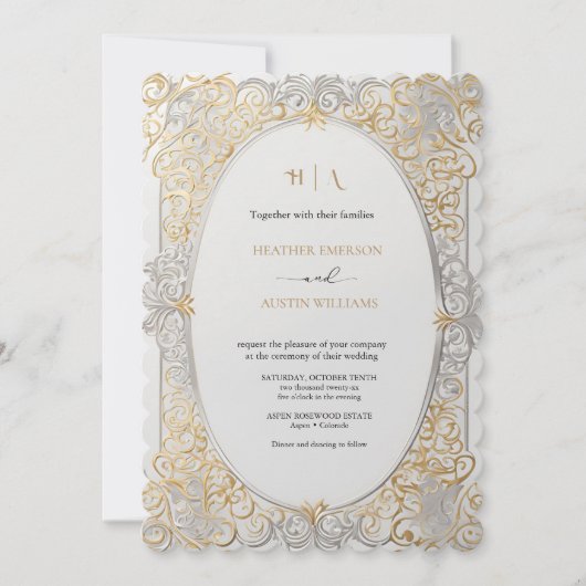 ブーゲンビリーグリーン結婚金ゴールドアールヌーボーミュシャ 招待状 (正面)