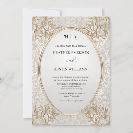 ブーゲンビリーグリーン結婚金ゴールドアールヌーボーミュシャ 招待状 (正面)