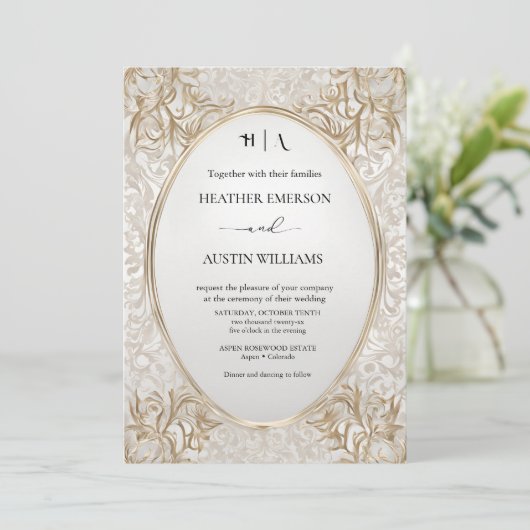 ブーゲンビリーグリーン結婚金ゴールドアールヌーボーミュシャ 招待状 (スタンド正面)