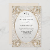 ブーゲンビリーグリーン結婚金ゴールドアールヌーボーミュシャ 招待状 (正面/裏面)