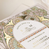 ブーゲンビリーグリーン結婚金ゴールドアールヌーボーミュシャ 箔招待状