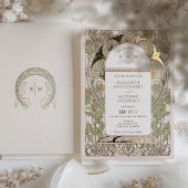 ブーゲンビリーグリーン結婚金ゴールドアールヌーボーミュシャ 箔招待状