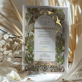 ブーゲンビリーグリーン結婚金ゴールドアールヌーボーミュシャ 箔招待状