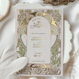 ブーゲンビリーザデイトグリーン金ゴールドアールヌーボー 箔招待状