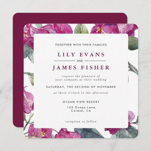 ブーゲンビリーバーガンディーピンクグリーン結婚フローラのI 招待状 (正面/裏面)