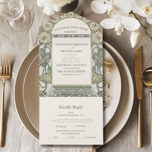 ブーゲンビレアグリーンアールヌーボーミュシャ結婚ズ オールインワン招待状