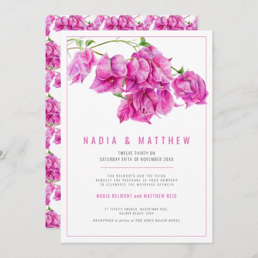 ブーゲンビレアピンク紫の結婚水色 招待状 (正面/裏面)