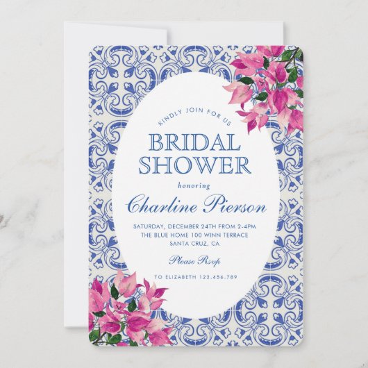 ブーゲンビレアメディテラニアンブルータイルブライダルシャワー 招待状 (正面)