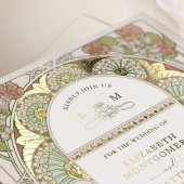 ブーゲンビレアレッド結婚金ゴールドアールヌーボーミュシャ 箔招待状