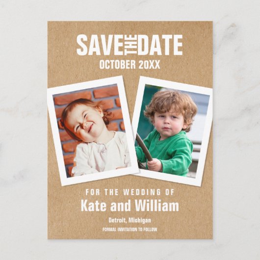 ブーシックな子供時代のフォトを使ったRustic Save the Date ポストカード (正面)