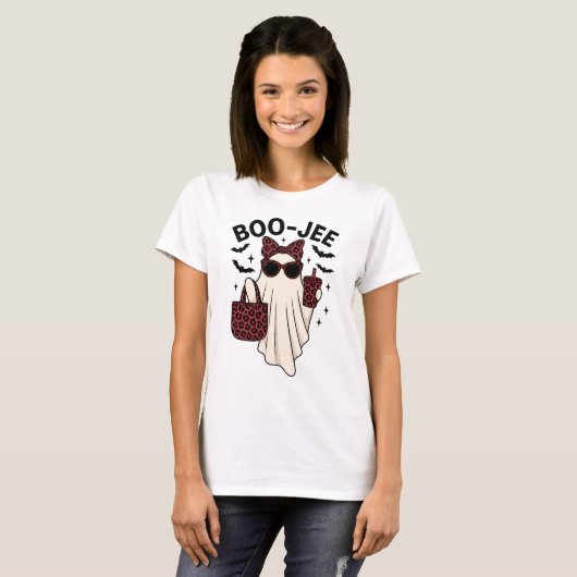 ブージュー おもしろハロウィンゴースト レオパードプリント Tシャツ (正面フル)