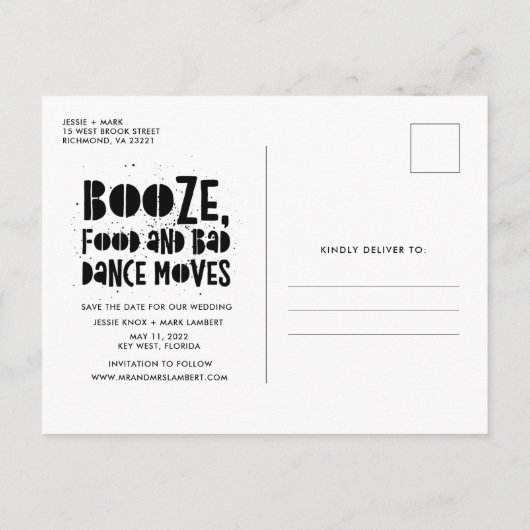 ブーズ、食べ物、悪いダンスが写真を動かす日付を救う 案内ポストカード (裏面)