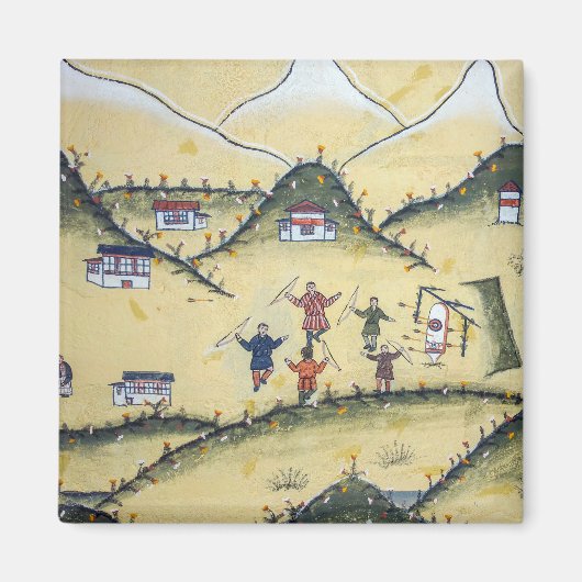 ブータンハウスとアーチェリー絵画 – ブータン マグネット (正面)