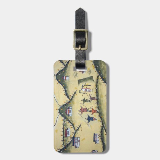 ブータンハウスとアーチェリー絵画 – ブータン ラゲッジタグ (正面縦)