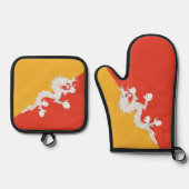 ブータン国旗のオーブンミットとポットホルダー 鍋つかみ&鍋敷きセット (正面)