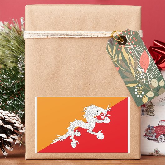 ブータン国旗のデザインとホワイトドラゴン 長方形シール