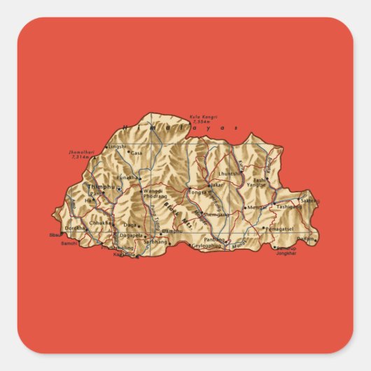 ブータン地図ステッカー スクエアシール (正面)