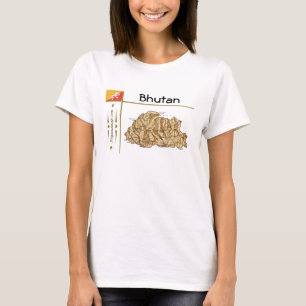 ブータン地図+フラグ+タイトルTシャツ Tシャツ