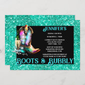 ブーツが泡立つ |女性のカーボーイブートティール(緑がかった色)きらめくワイン 招待状 (正面/裏面)