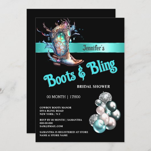 ブーツきらきら光るファンタジー女性のカーボーイブートグリッターバルーン 招待状 (正面/裏面)