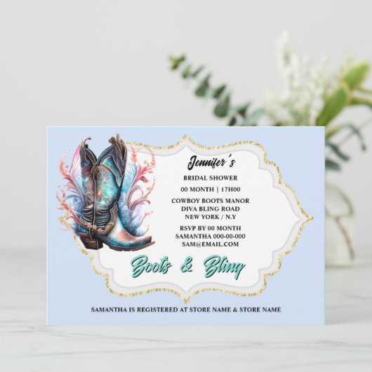 ブーツきらきら光る光沢のある女性のカーボーイブーツファンタジーの羽 招待状 (スタンド正面)