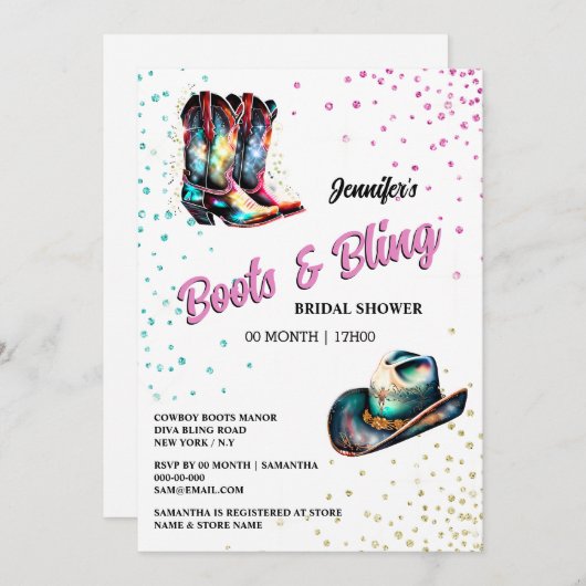 ブーツきらきら光る女性のカーボーイブーツglam stetsonきらめく 招待状 (正面/裏面)