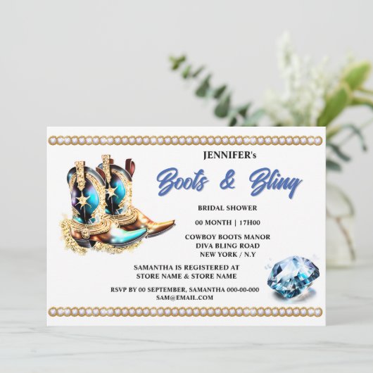 ブーツきらきら光る |ダイヤモンド女性のカーボーイブーツウェスタンブライダル 招待状 (スタンド正面)