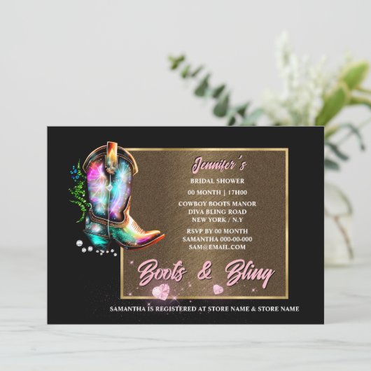 ブーツきらきら光る |光沢のある女性のカーボーイブーツピンクのハートガラス 招待状 (スタンド正面)