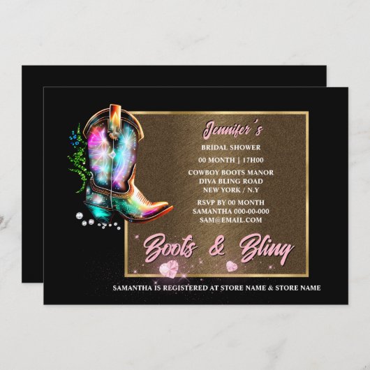 ブーツきらきら光る |光沢のある女性のカーボーイブーツピンクのハートガラス 招待状 (正面/裏面)