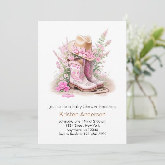 ブーツとハットウォーター色女性のカーボーイベビーシャワー 招待状 (スタンド正面)