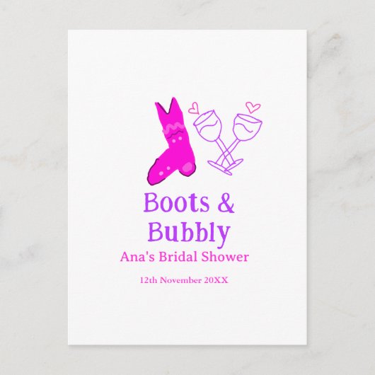 ブーツとバブルなシャンパンボトル ブライダルシャワー ピンク ポストカード (正面)
