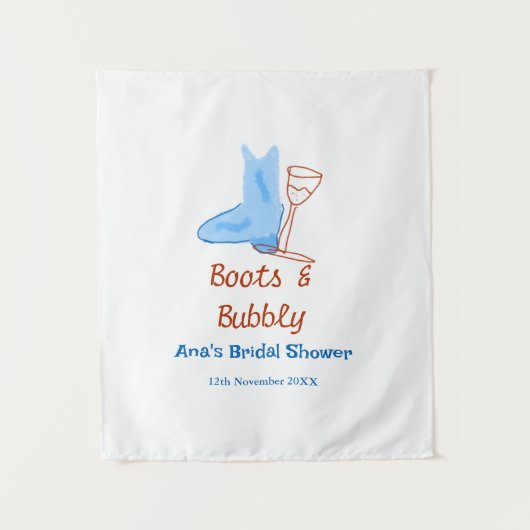 ブーツとバブルなシャンパンボトル ブライダルシャワー 青 タペストリー (正面)