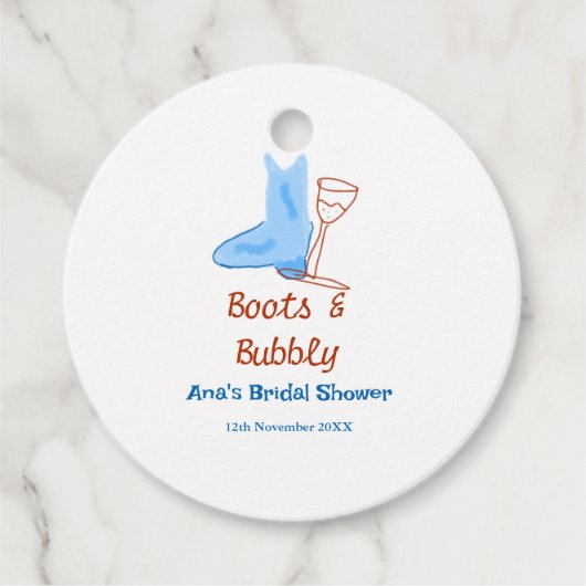 ブーツとバブルなシャンパンボトル ブライダルシャワー 青 フェイバータグ (正面)