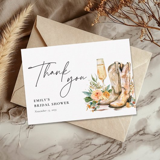 ブーツとバブルリーなウェスタンスタイルのブライズシャワー サンキューカード