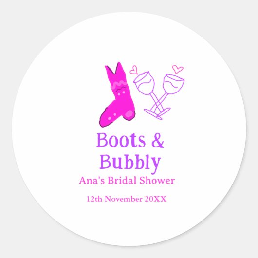 ブーツとバブルリーシャンパンボトル結婚前お披露目ピンク ラウンドシール (正面)