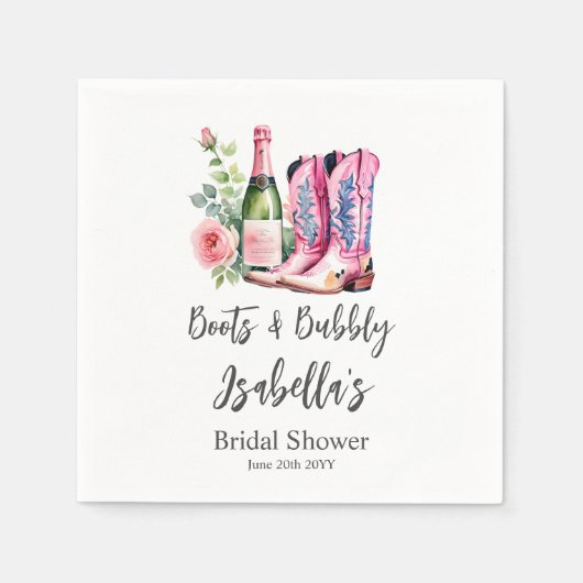 ブーツとバブルリー ピンクのブライズシャワー スタンダードカクテルナプキン (正面)