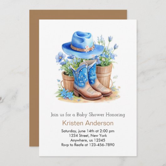 ブーツと帽子のベビーシャワー 招待状 (正面/裏面)