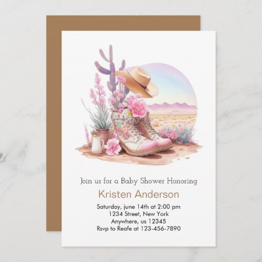 ブーツと帽子の楽しい女性のカーボーイベビーシャワー 招待状 (正面/裏面)