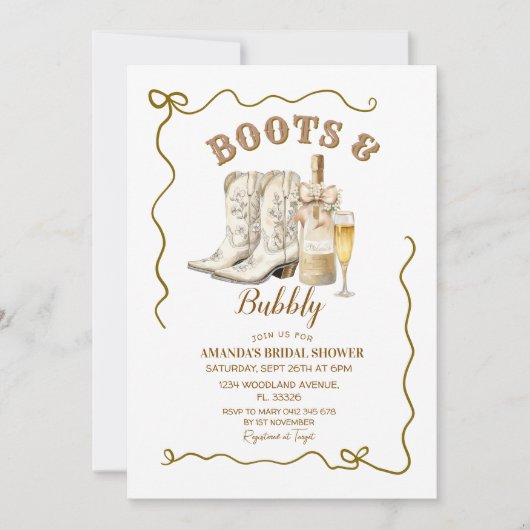 ブーツと泡立つブライダルシャワーの招待状 招待状 (正面)