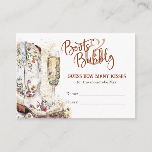 ブーツと泡立つブライダルシャワーはいくつのキスを推測 エンクロージャーカード (正面)