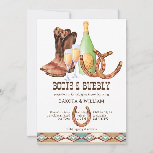 ブーツと泡立つ西部の女性のカーボーイカップルのシャワー 招待状 (正面)