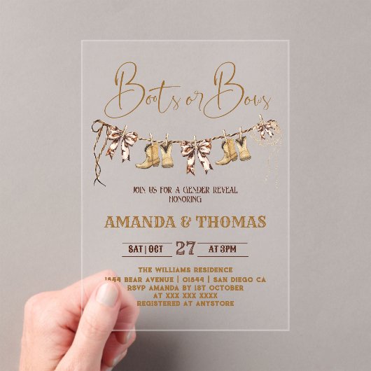 ブーツまたは弓のウェスタンジェンダーの明かす アクリル招待状 (インサイチュ (ポータブル))