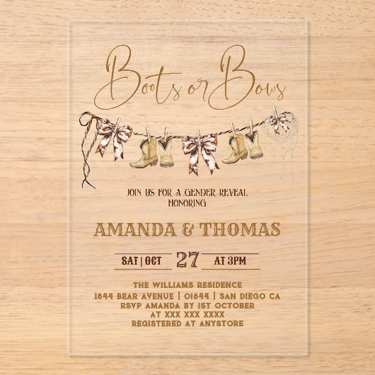 ブーツまたは弓のウェスタンジェンダーの明かす アクリル招待状 (正面)