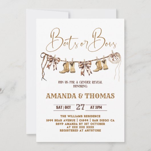 ブーツまたは弓のウェスタンジェンダーの明かす 招待状 (正面)