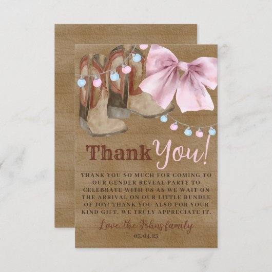 ブーツまたは弓のジェンダーはサンキューカードを明らかにする。 サンキューカード (正面/裏面)