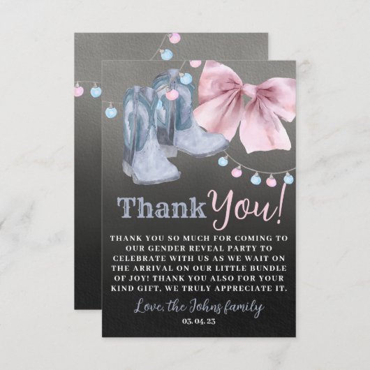 ブーツまたは弓のジェンダーはサンキューカードを明らかにする。 サンキューカード (正面/裏面)